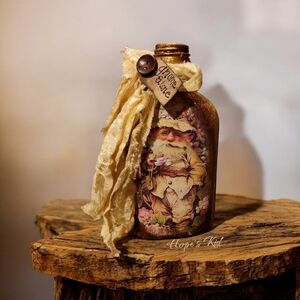 Vtg Style Brown & Gold Gnome  Bottle with Cream Ribbon